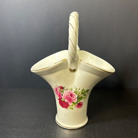 Vintage Formalities Porcelain Handle Basket Vase Roses w/Gold Trim By Baum Bros - Picture 2 of 7